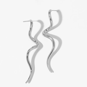 Polished 316 stainless steel long curved wave earrings in silver minimalist design