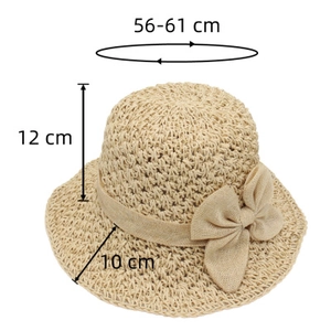 Detailed size chart showing 10cm brim and 12cm height for beige straw sun hat with bow