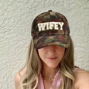 Camo corduroy baseball cap for women with white 3D WIFEY letter embroidery and gold sequins