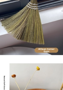 Natural miscanthus grass broom head detail showing dense bristles for corner cleaning