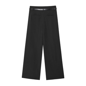 Back view of women's black wide-leg trousers with thin waist belt and rear pockets