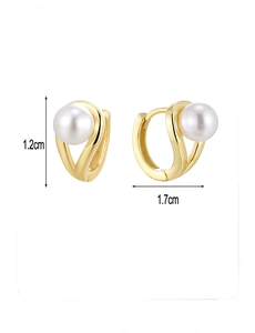 Macro shot showing dimensions of 1.2cm by 1.7cm for the 14K gold plated pearl hoop earrings