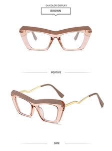 Detail view of geometric cat-eye frames in brown and pink with golden wavy temples