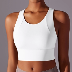 Close-up of white yoga sports bra with U-neck design and wide straps on model