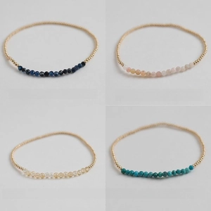 Minimalist gold beaded bracelets with natural amethyst and birthstones in a four-grid view