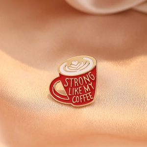 Creative coffee cup enamel brooch with heart latte art and strong like my coffee text