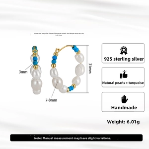 Detail showing 31mm 925 silver hoop earrings with baroque pearls and turquoise stones