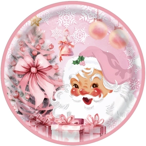 Pink Christmas party set with Santa Claus and festive tree design on round paper plates