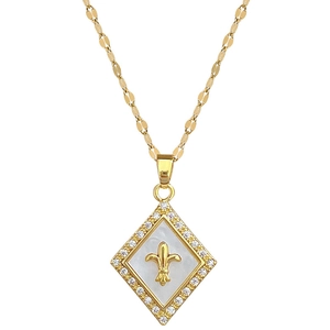 Elegant gold titanium necklace with rhombus shell pendant and fleur-de-lis emblem