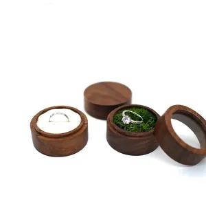 Round Walnut Wood Ring Box Transparent Window Jewelry Storage Case For Proposal Wedding Engagement Gift