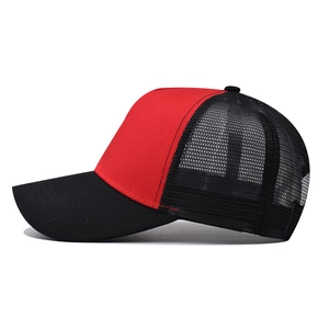 Red and black two-tone mesh trucker baseball cap with adjustable back and curved brim