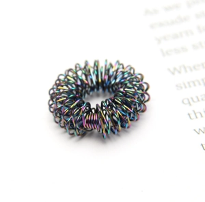 Macro view of colorful spiral metal massage ring with flexible spring steel texture