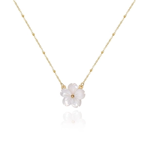 Golden bead chain necklace with white shell flower pendant and polished 18K gold finish