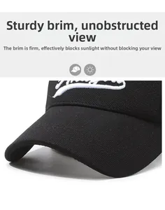 Detail of black canvas sun visor featuring firm brim and white embroidery texture