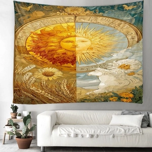 Detail of a large sun mandala tapestry hanging on a wall behind a minimalist white sofa