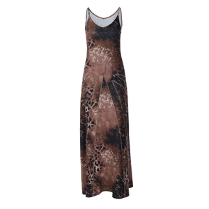Detailed view of leopard print pattern and fabric texture on a slim strap maxi dress