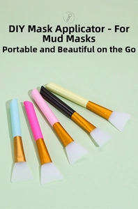 Flat lay of five colorful silicone face mask brushes with flexible fan-shaped heads