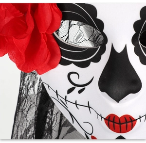 Detailed macro view of Day of the Dead mask with red floral accent and black lace veil