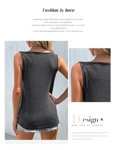 Detail view of charcoal grey sleeveless twist t-shirt showing knit texture and back design