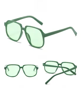 Three-angle view showing front and back of green square oversized fashion sunglasses