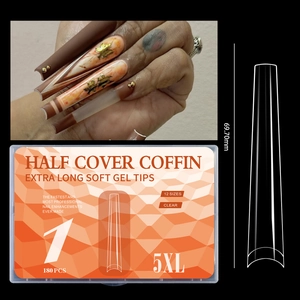 Detailed view of 5XL extra long coffin nail tips with size specs and 180pcs box set