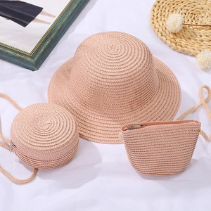 Stroh-Sonnenhut-Set für Kinder mit passender Umhängetasche in Beige-Rosa für Sommer