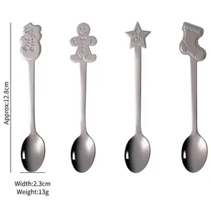 Detailed view of 4-piece Christmas stainless steel spoons with embossed holiday charms