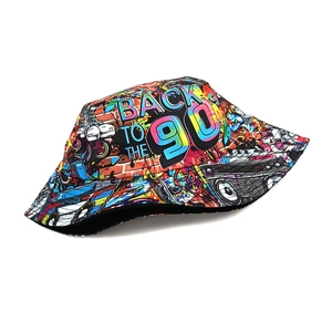 Close-up of retro 90s graffiti bucket hat showing detailed fabric and reinforced stitching