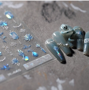 Macro shot of M-445 laser holographic nail stickers with grey blue floral patterns