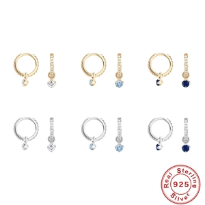 S925 sterling silver hoop earrings with blue and white zircon charms in gold and silver