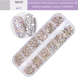 Detailed 12-grid box of AB crystal rhinestones for nail art DIY including 1440 pieces
