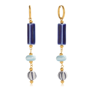 Bohemian retro blue ceramic fringe earrings with gold dangling hooks on white background