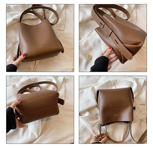 Multiple views of a brown leather bucket bag showing front, side, base, and top details