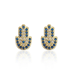 Detailed view of gold-plated Hamsa hand earrings with micro-set blue and white zircons