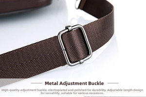 Close-up of gunmetal adjustment buckle on a thick dark brown woven shoulder strap