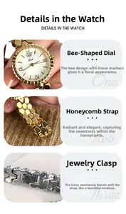 Detail of creative honeycomb band and bee dial design on elegant ladies' quartz watch