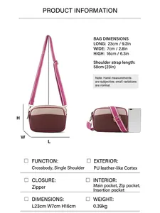Sac bandoulière carré color-block chic avec dimensions et détails techniques affichés