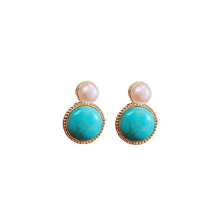 Vintage gold-rimmed stud earrings with white pearl and round green turquoise texture bead