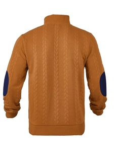 Macro detail of men's cable knit sweater back with navy elbow patches in tan brown