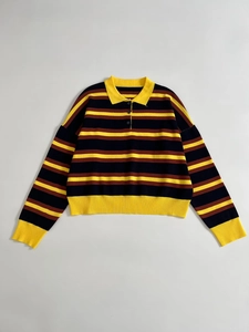 Detailed close-up of striped knit polo shirt featuring yellow, black and brown stripes