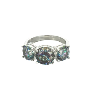 Elegant S925 sterling silver three-stone ring featuring round colorful moissanite gems