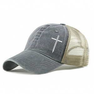 Distressed grey washed cotton baseball cap with cross embroidery and khaki mesh back