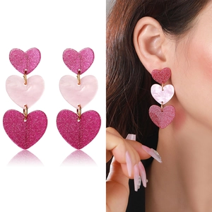 Heart Pendant Earrings Acrylic Resin Pink Glitter Valentine's Day Jewelry For Women With Stainless Steel Earring Post
