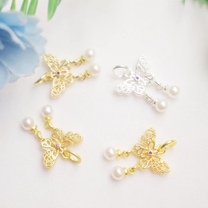 14K gold plated butterfly pendant with pink crystal and white hanging pearls
