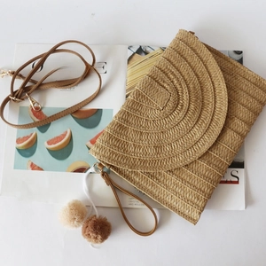 Straw Woven Clutch Bag Women Summer Beach Crossbody Shoulder Handbag Pompom Envelope Bohemian Paper Magnetic Closure