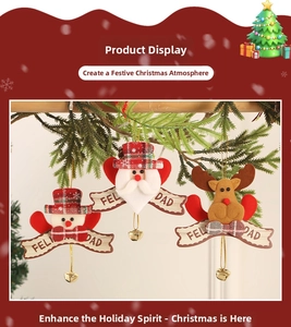 Detailed view of plush Santa, Snowman, and Reindeer ornaments with Feliz Navidad wooden signs
