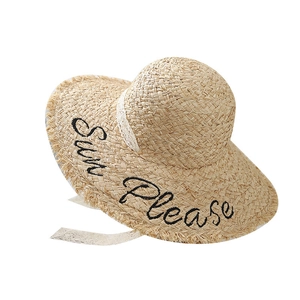 Raffia bucket hat with Sun Please embroidery and white lace ribbon for beach vacation