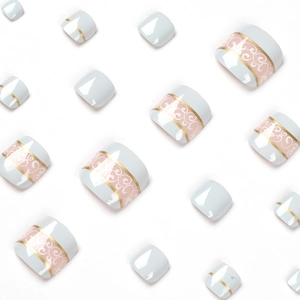 French style press-on toenails in blue and pink with gold stripes and scroll patterns