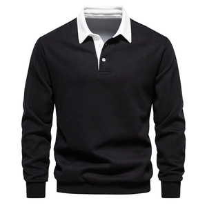 Detail of black long-sleeve polo sweatshirt with contrasting white collar and ribbed cuffs