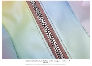 Detail of smooth metal zipper and neat stitching on rainbow gradient waterproof fabric